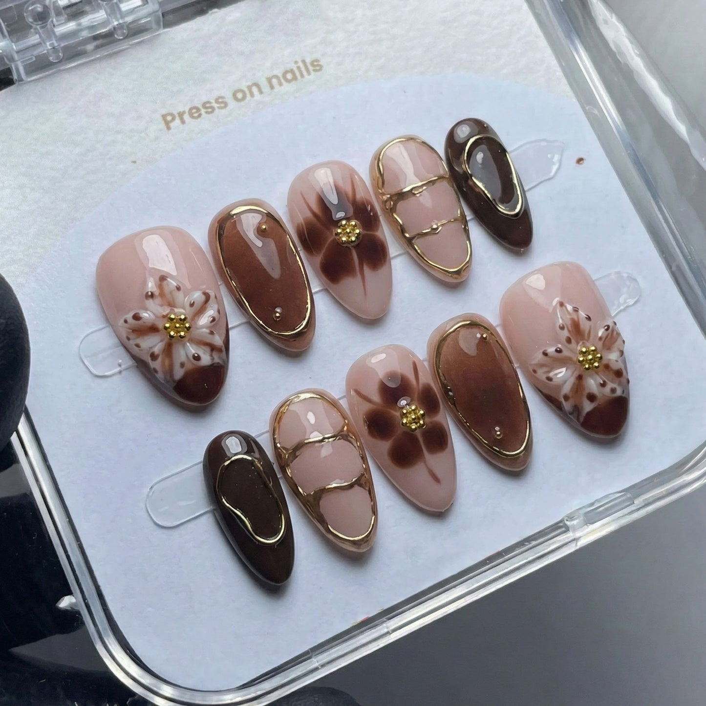 Boho Chic Long Almond Brown and Blush Press On Nail Set with Floral Accents