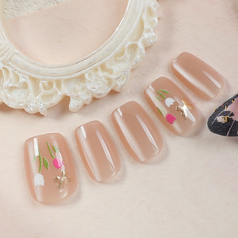 Elegant Floral Design Short Square Beige Press-On Nail Set with Glitter Accents