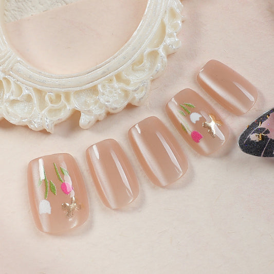 Elegant Floral Design Short Square Beige Press-On Nail Set with Glitter Accents