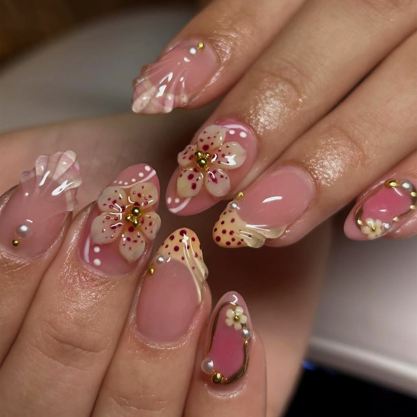 Floral Bliss Medium Almond Blush Pink with Glamorous Gold Accents Press On Nail Set