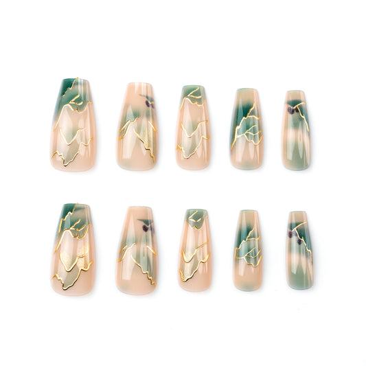 Nature Inspired Long Coffin Green and Gold Marble Effect Press On Nail Set