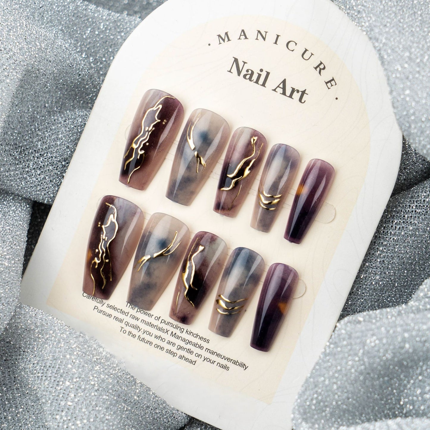 Mystical Elegance Long Coffin Purple Ombre with Gold Accent Nail Set