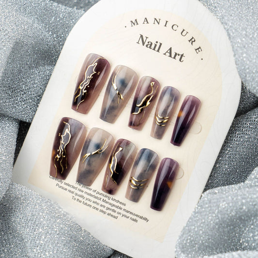 Mystical Elegance Long Coffin Purple Ombre with Gold Accent Nail Set
