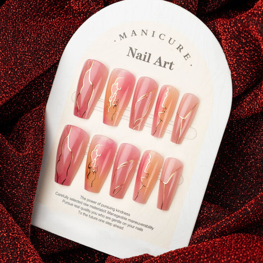Chic Elegance Long Coffin Pink Gradient with Gold Accents Press On Nail Set