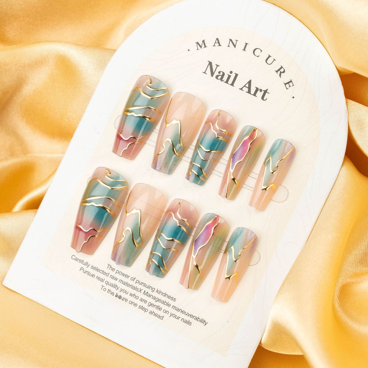 Elegant Ocean Breeze Long Coffin Multi-Colored Marble Design Press-On Nail Set
