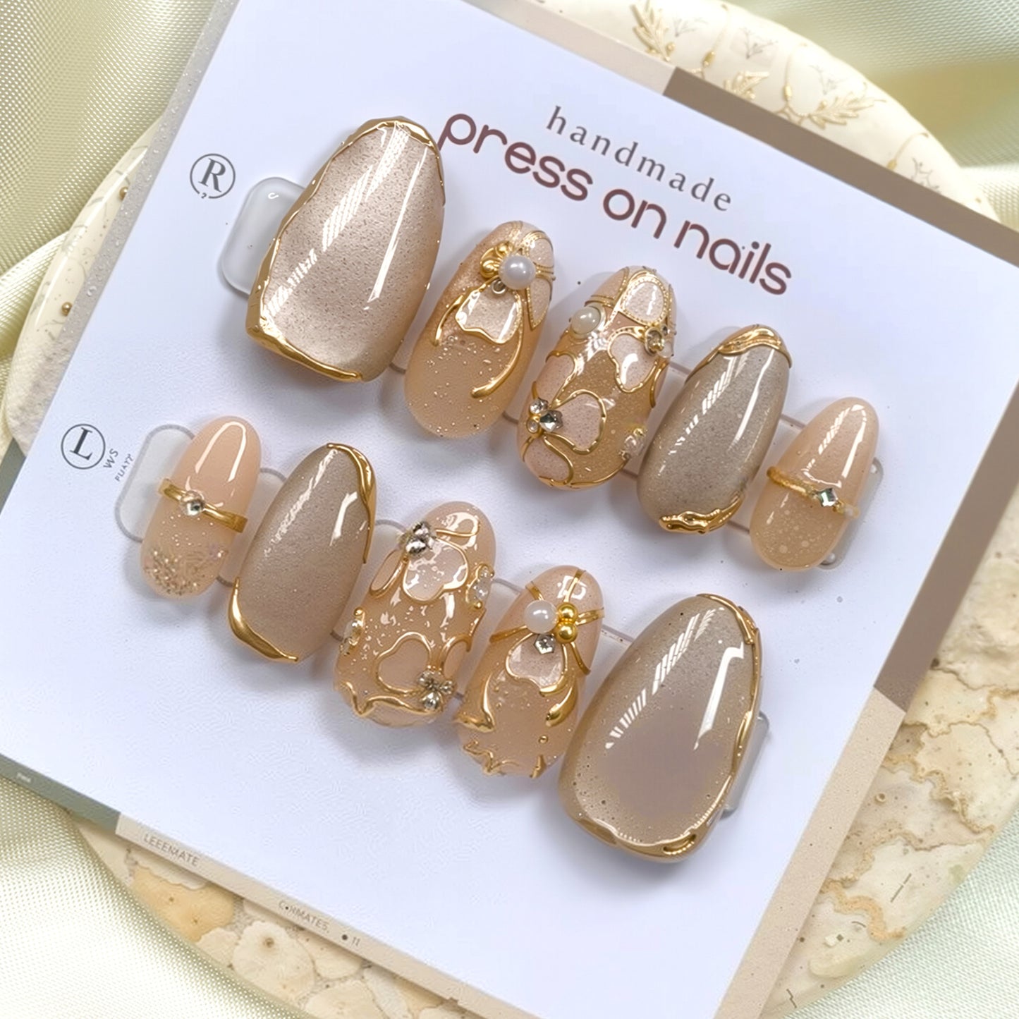 Elegant Floral Design Medium Almond Beige Press On Nail Set with Gold Accents