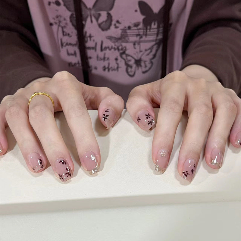Elegant Floral Bliss Short Square Beige with Glamorous Gold Accents Press On Nail Set