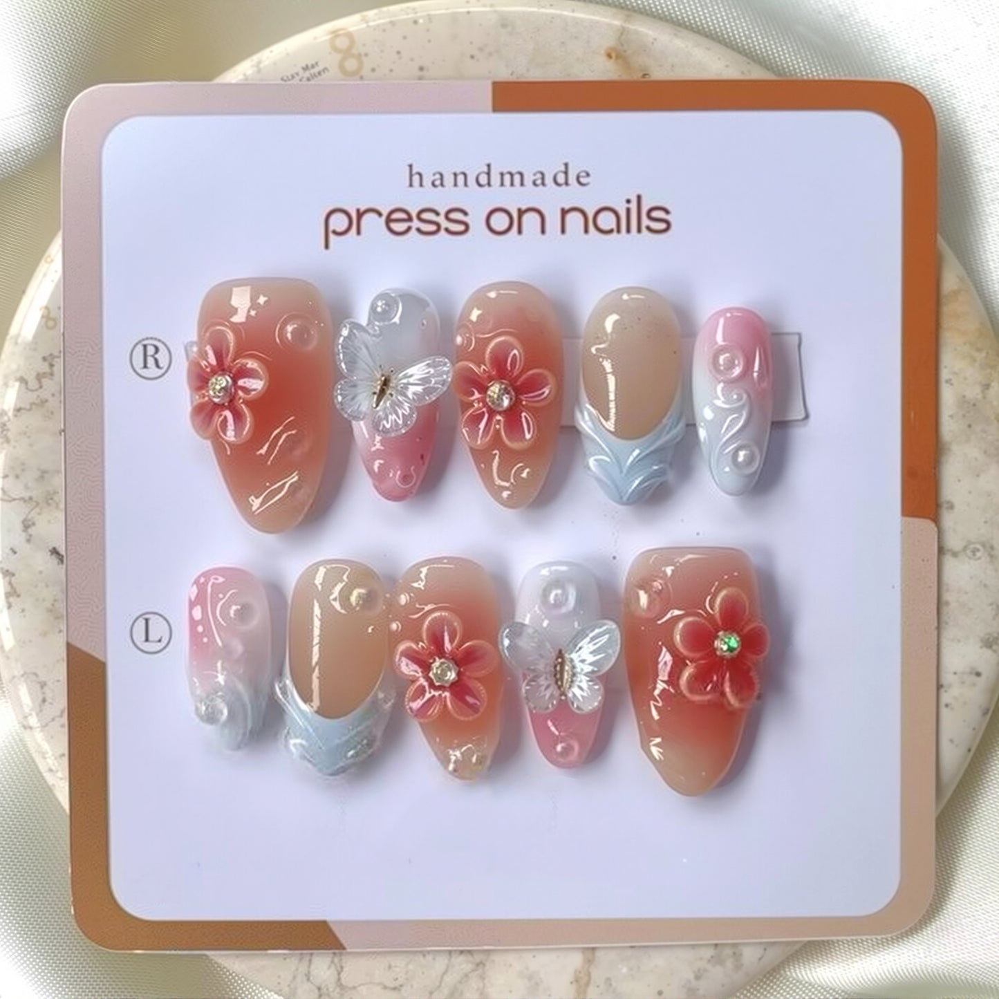 Blooming Elegance Short Almond Blush Pink with Floral Detailing Press on Nail Set
