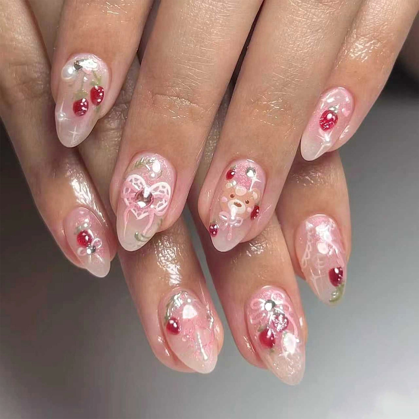 Sweet Blossom Medium Almond Pink Floral Nail Set