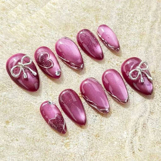 Chic Romance Medium Almond Dusty Rose with Sparkling Accents Nail Set