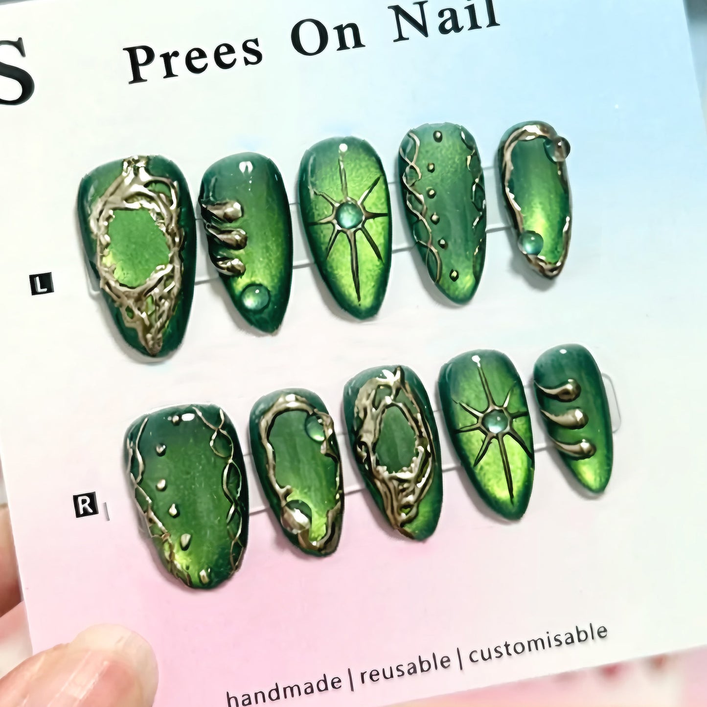 Enchanted Forest Medium Almond Dark Green with Unique Metallic Accents Press On Nail Set