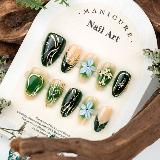Whimsical Forest Short Almond Green Gradient with Floral Accents Press On Nail Set