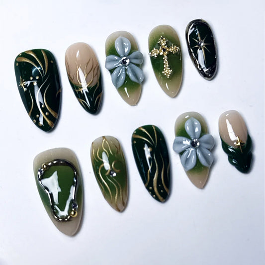 Enchanted Forest Short Almond Green Floral Accents Press On Nail Set