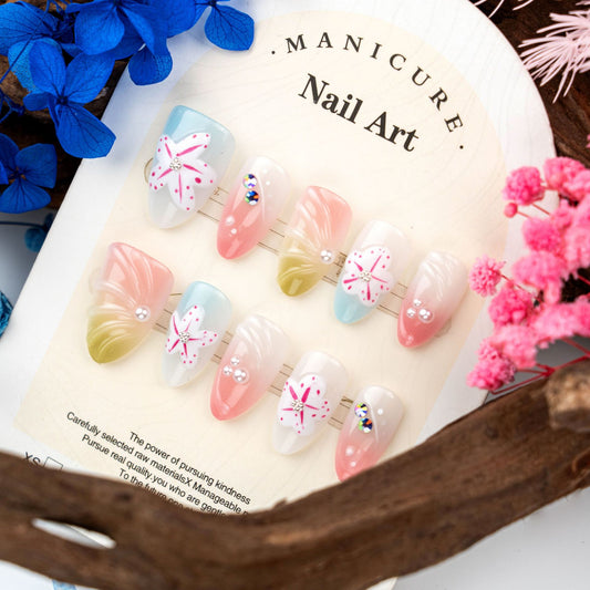 Whimsical Floral Art Short Almond Pastel Colors with Gem Accents Press-On Nail Set