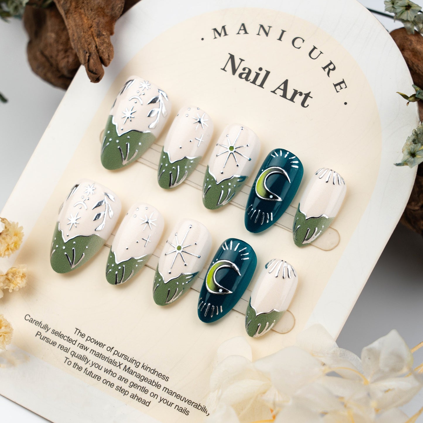 Botanical Inspired Short Almond Green and Cream Floral Press on Nail Set