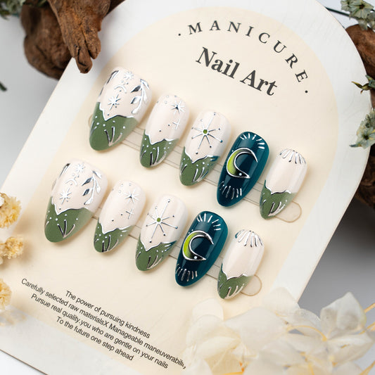 Botanical Inspired Short Almond Green and Cream Floral Press on Nail Set