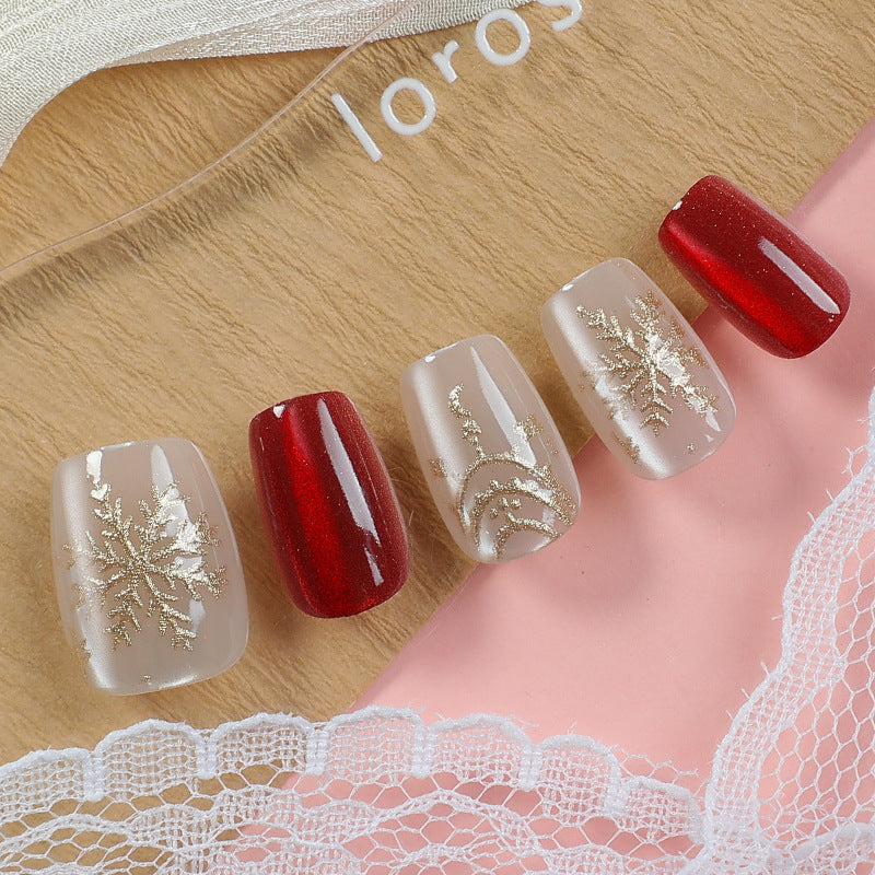 Festive Short Square Red and Gold Glitter Press on Nail Set