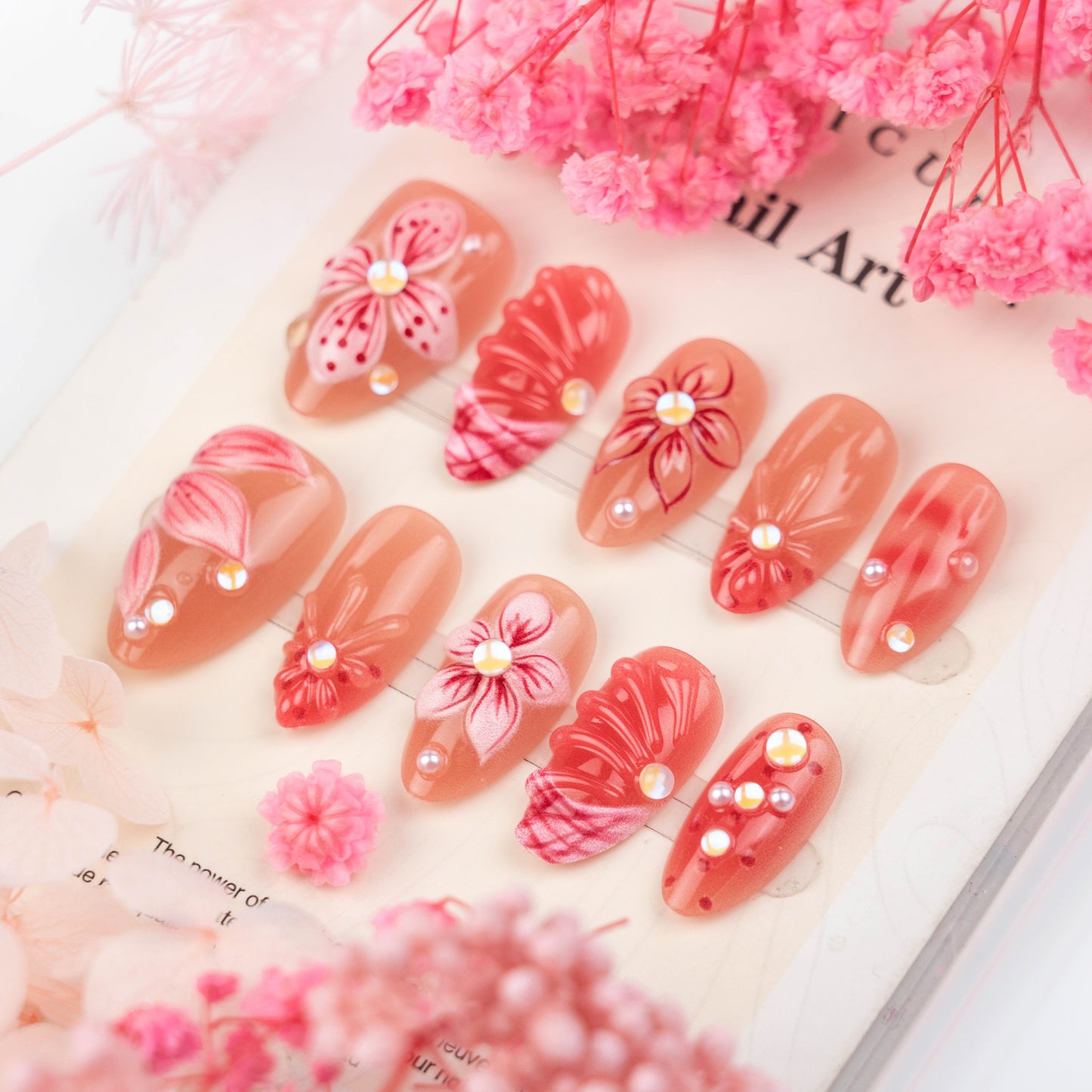 Blossom Dreams Short Almond Coral with Floral Embellishments Press On Nail Set