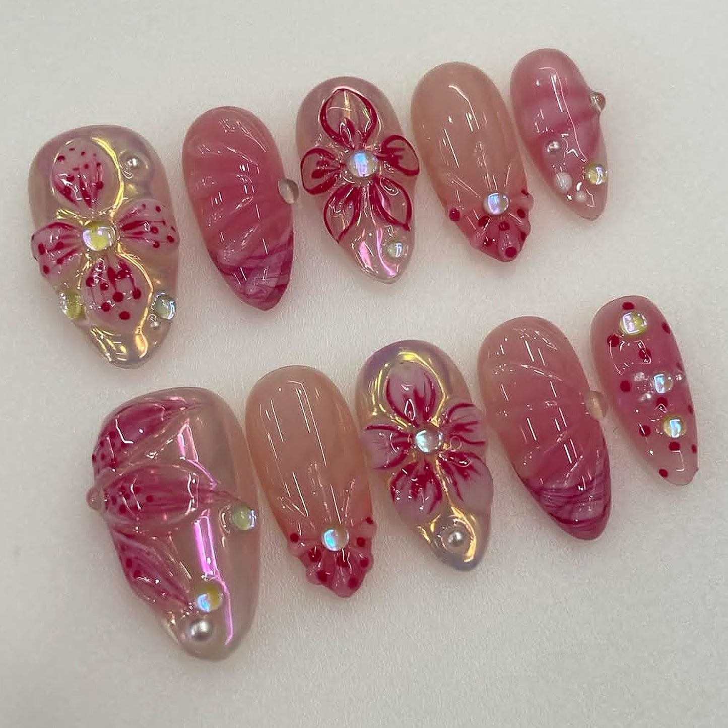 Floral Fantasy Medium Almond Pink Press On Nail Set with Gemstone Accents