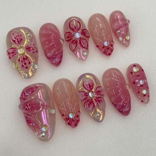 Floral Fantasy Medium Almond Pink Press On Nail Set with Gemstone Accents