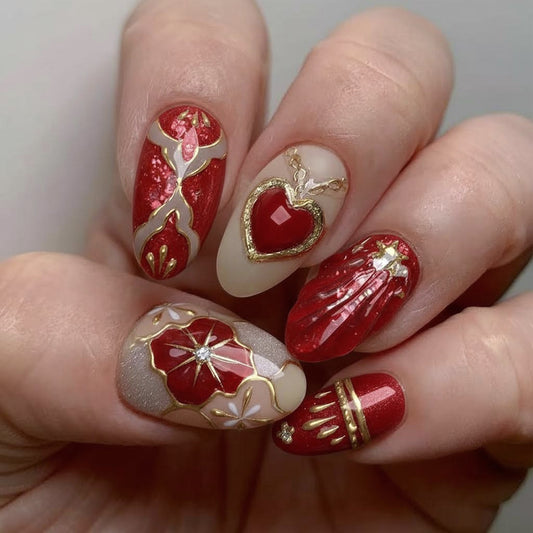 Romantic Red Medium Almond Glittering Nail Set