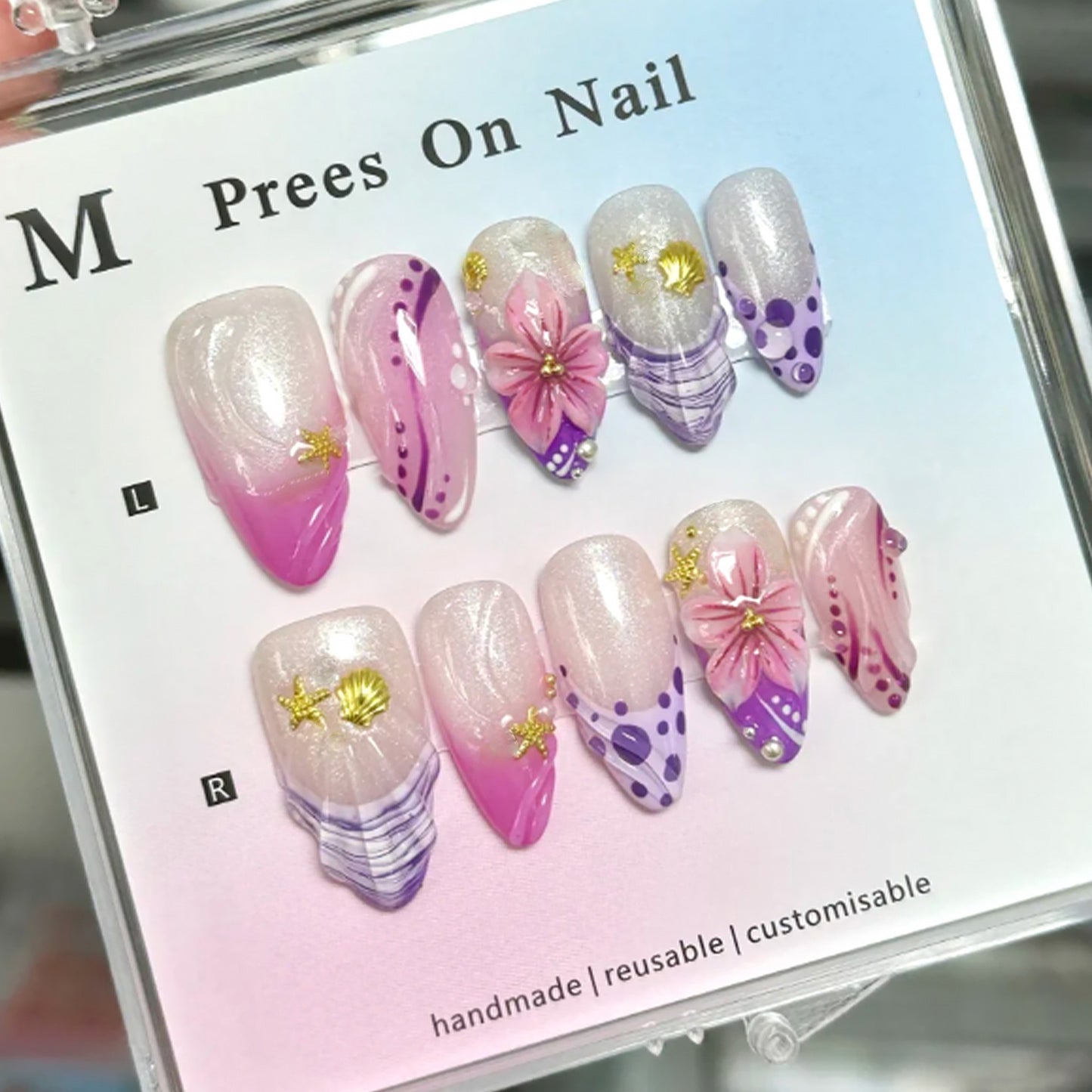 Beach Bliss Long Almond Pink Ombre with Floral Accents Press On Nail Set