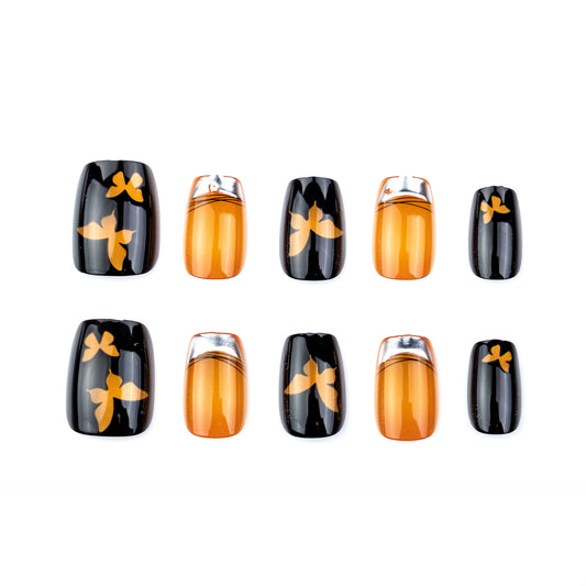 Autumn Elegance Short Square Black and Orange Press-On Nail Set with Butterfly Design