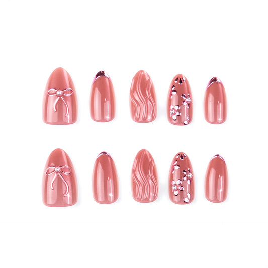 Chic Elegance Medium Almond Blush with Elegant Bow Accents Press On Nail Set
