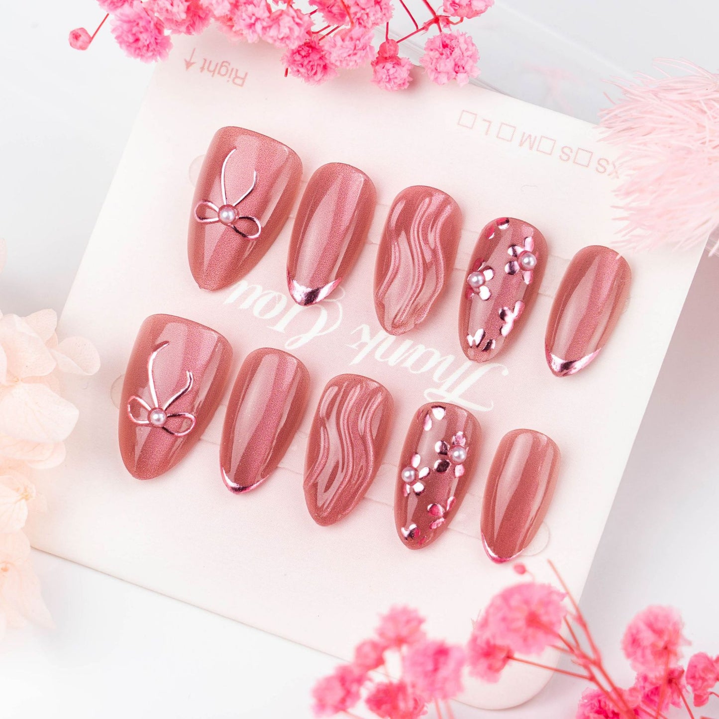 Elegant Blossom Medium Almond Pink with Whimsical Floral Accents Press On Nail Set
