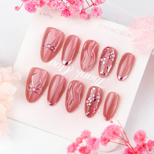 Elegant Blossom Medium Almond Pink with Whimsical Floral Accents Press On Nail Set