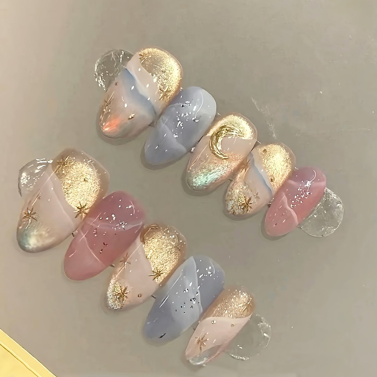 Celestial Beauty Medium Almond Pastel Colors with Elegant Gold Accents Press On Nail Set