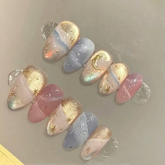 Celestial Beauty Medium Almond Pastel Colors with Elegant Gold Accents Press On Nail Set