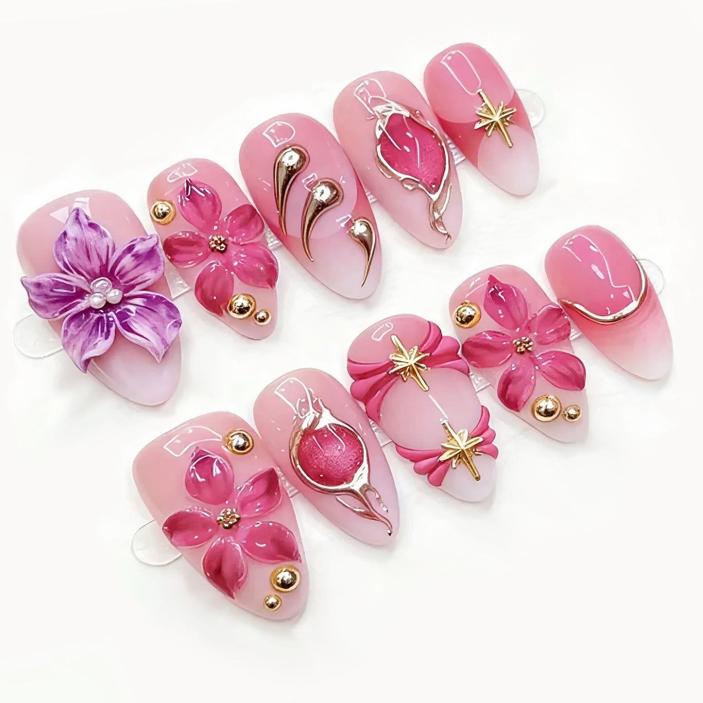 Floral Dream Medium Almond Pink Press On Nail Set with 3D Flower Embellishments