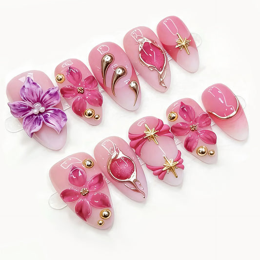 Floral Dream Medium Almond Pink Press On Nail Set with 3D Flower Embellishments
