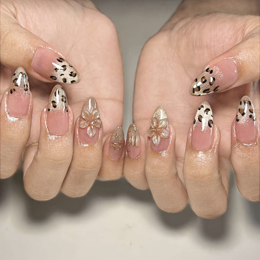Wild Chic Long Stiletto Transparent with Leopard Print and Floral Accents Press On Nail Set