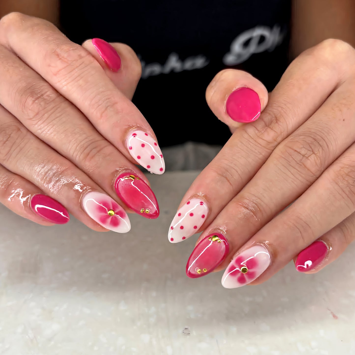 Floral Delight Medium Almond Pink Press On Nail Set with Unique Floral Accents