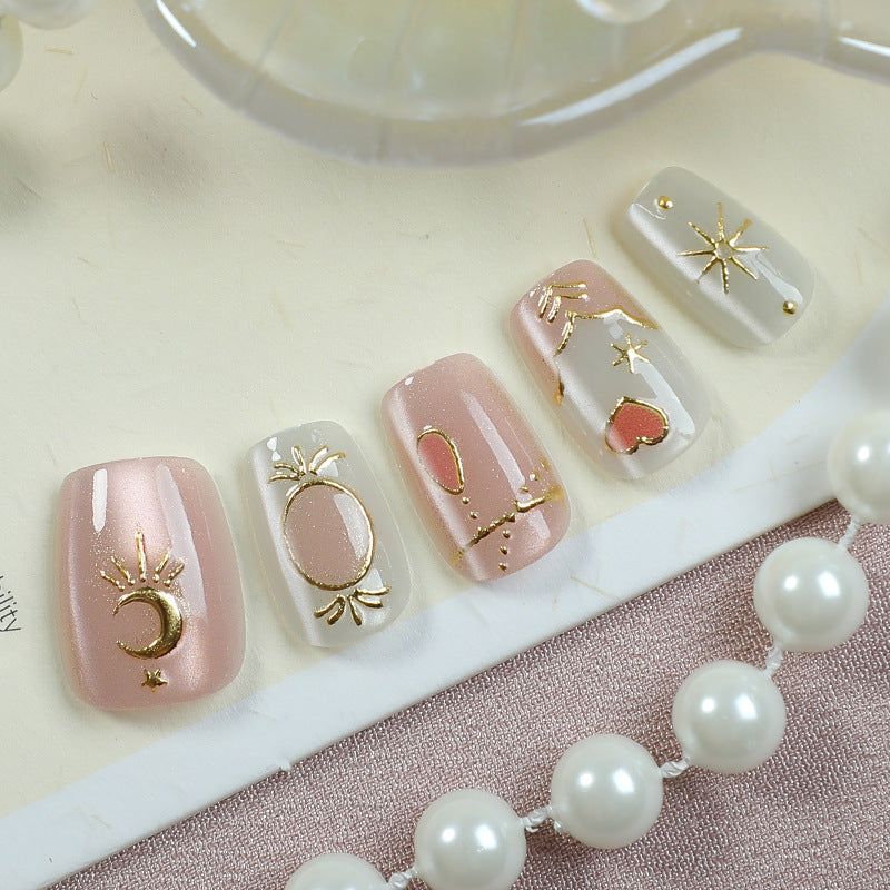 Celestial Charm Short Square Blush Pink with Glittering Gold Accents Press On Nail Set