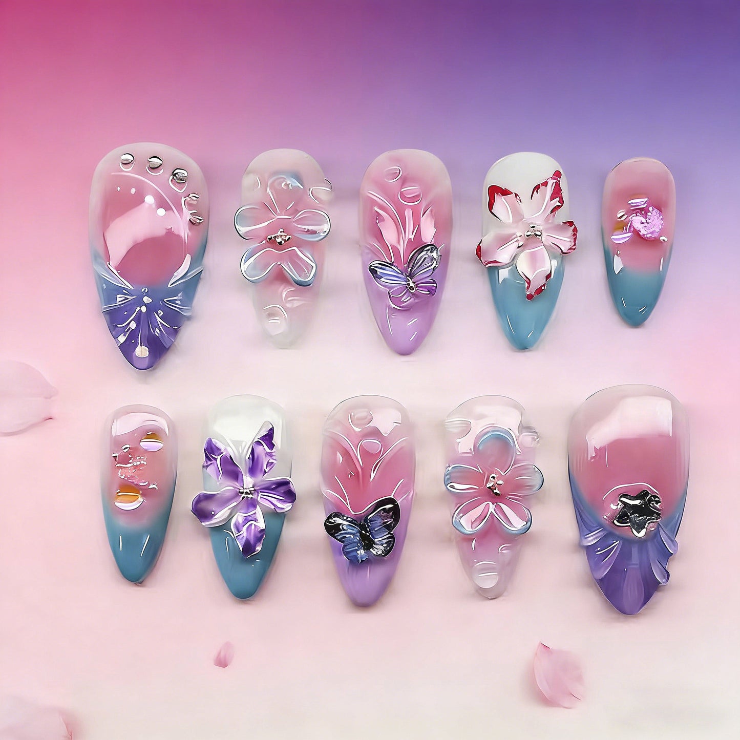 Enchanting Floral Escape Medium Almond Ombre Design with Gem Details
