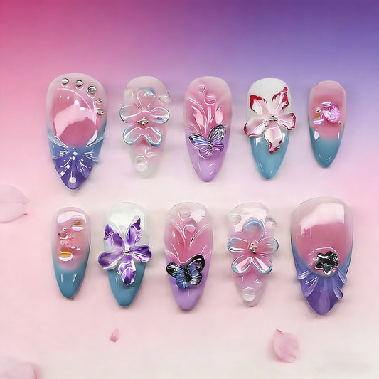 Enchanting Floral Escape Medium Almond Ombre Design with Gem Details