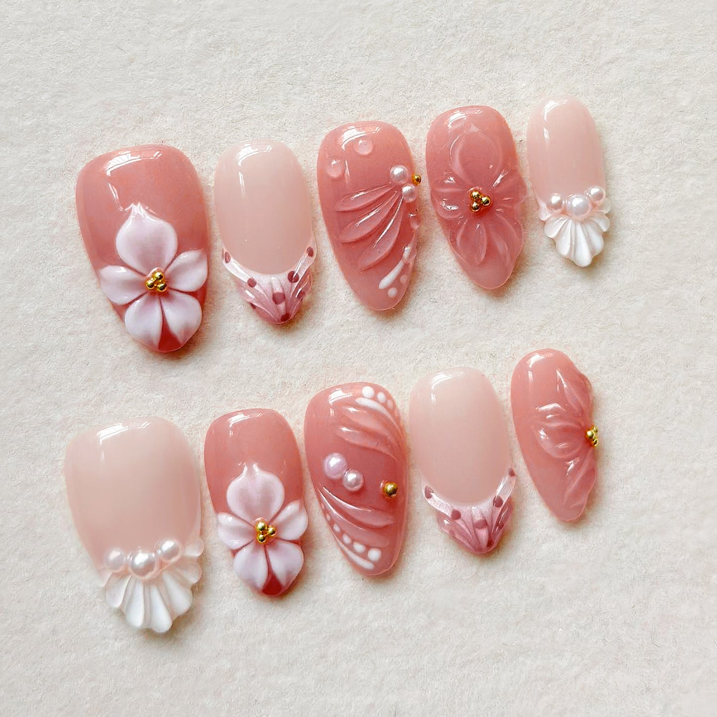 Blossom Elegance Short Almond Blush with Floral Embellishments Press On Nail Set