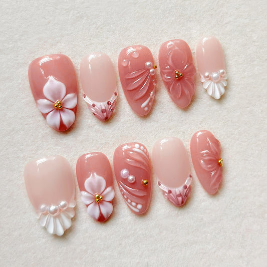 Blossom Elegance Short Almond Blush with Floral Embellishments Press On Nail Set