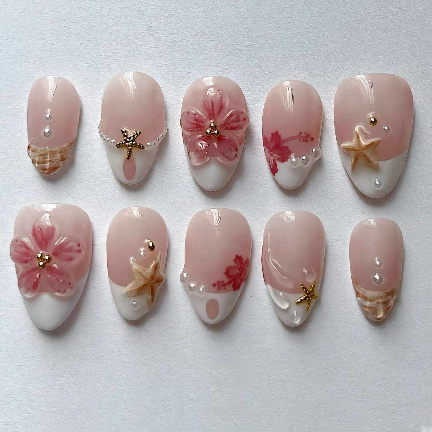 Coastal Bliss Short Almond Soft Pink with Floral and Shell Accents Press on Nail Set