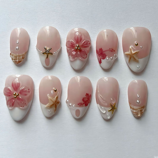 Coastal Bliss Short Almond Soft Pink with Floral and Shell Accents Press on Nail Set
