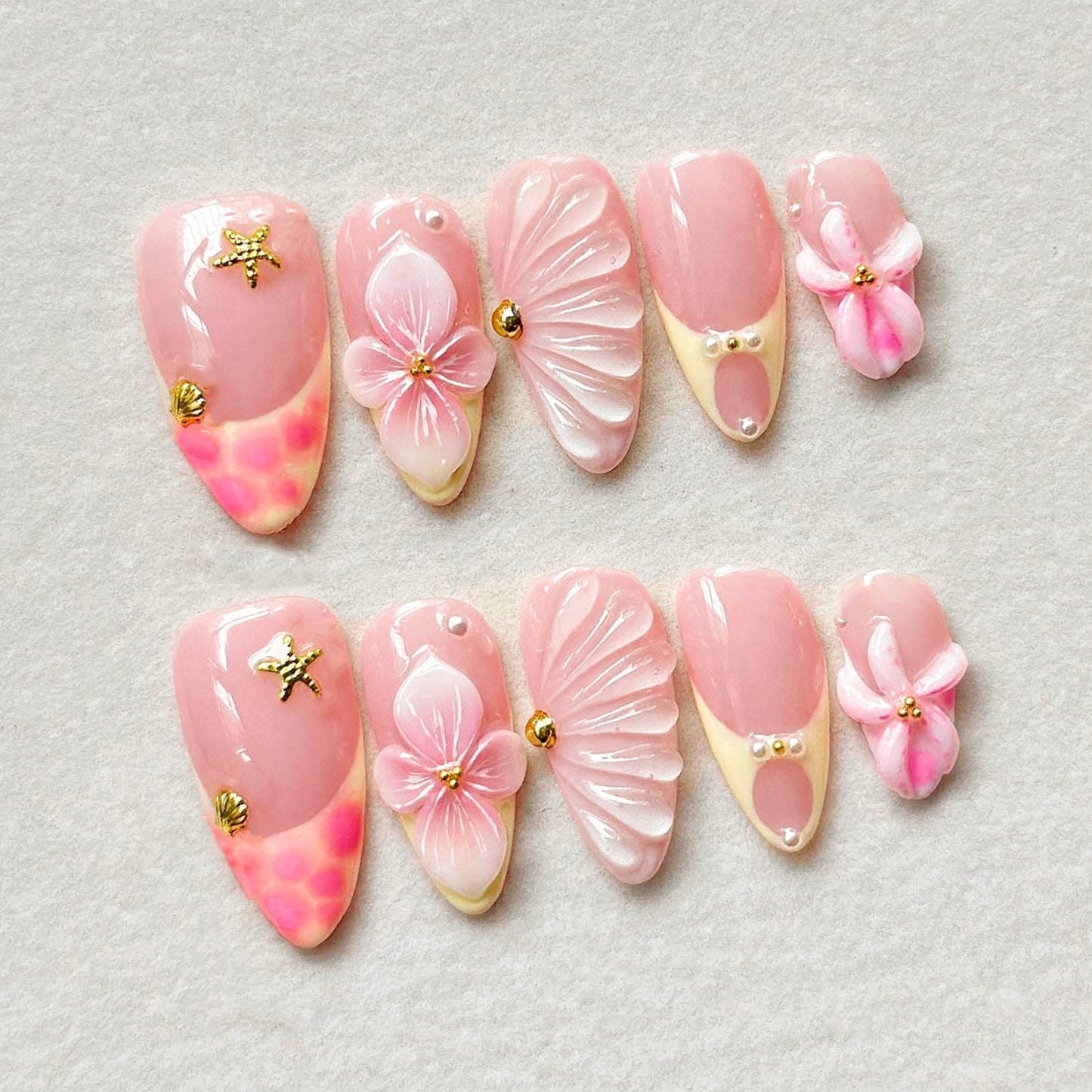 Cherry Blossom Delight Medium Almond Soft Pink with Floral Accents Nail Set