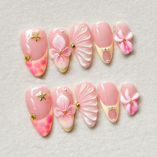Cherry Blossom Delight Medium Almond Soft Pink with Floral Accents Nail Set