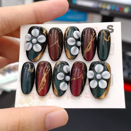 Elegant Floral Dreams Medium Oval Green and Burgundy with Gold Accents Press on Nail Set
