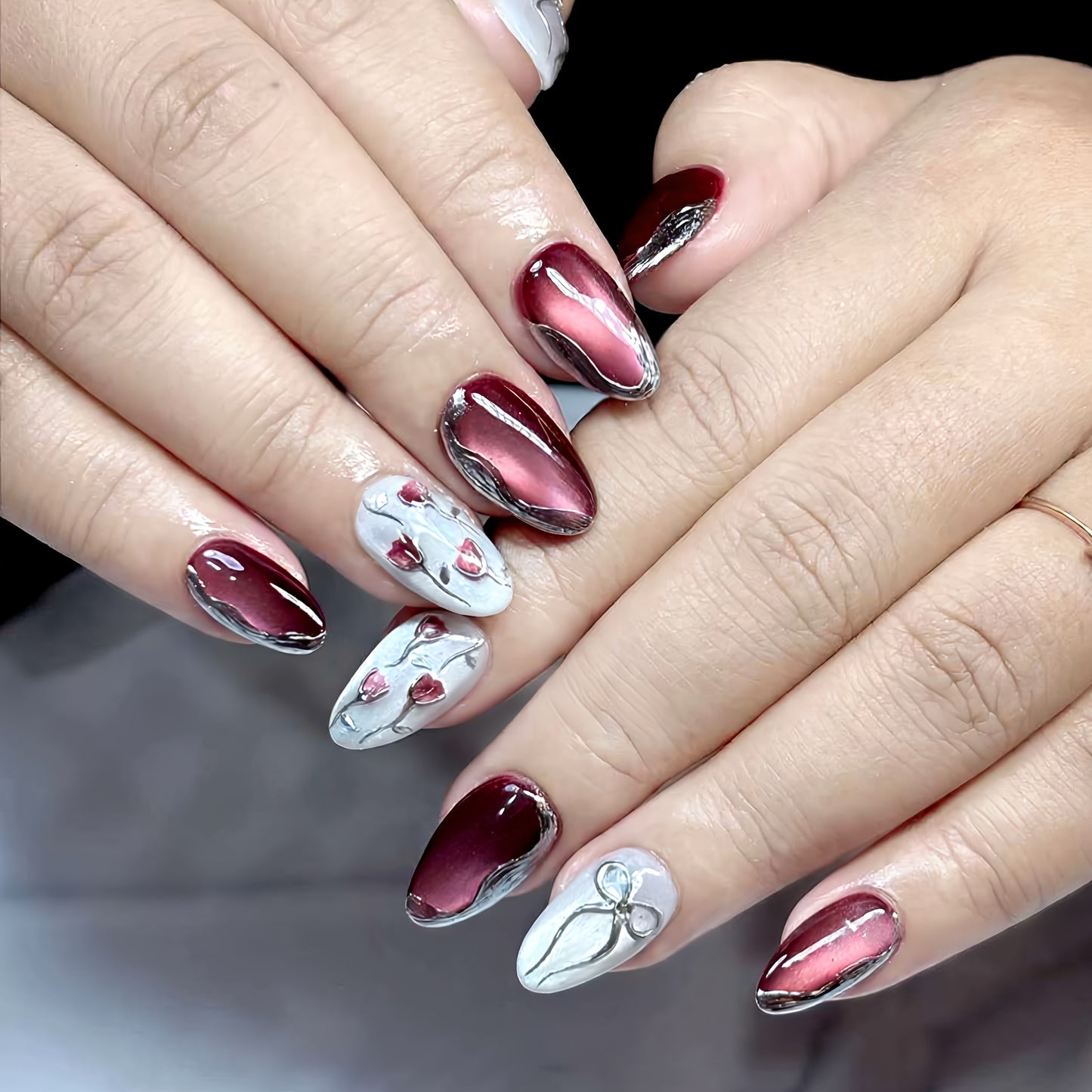 Glamorous Medium Almond Burgundy Gradient Press On Nail Set with Floral Embellishments