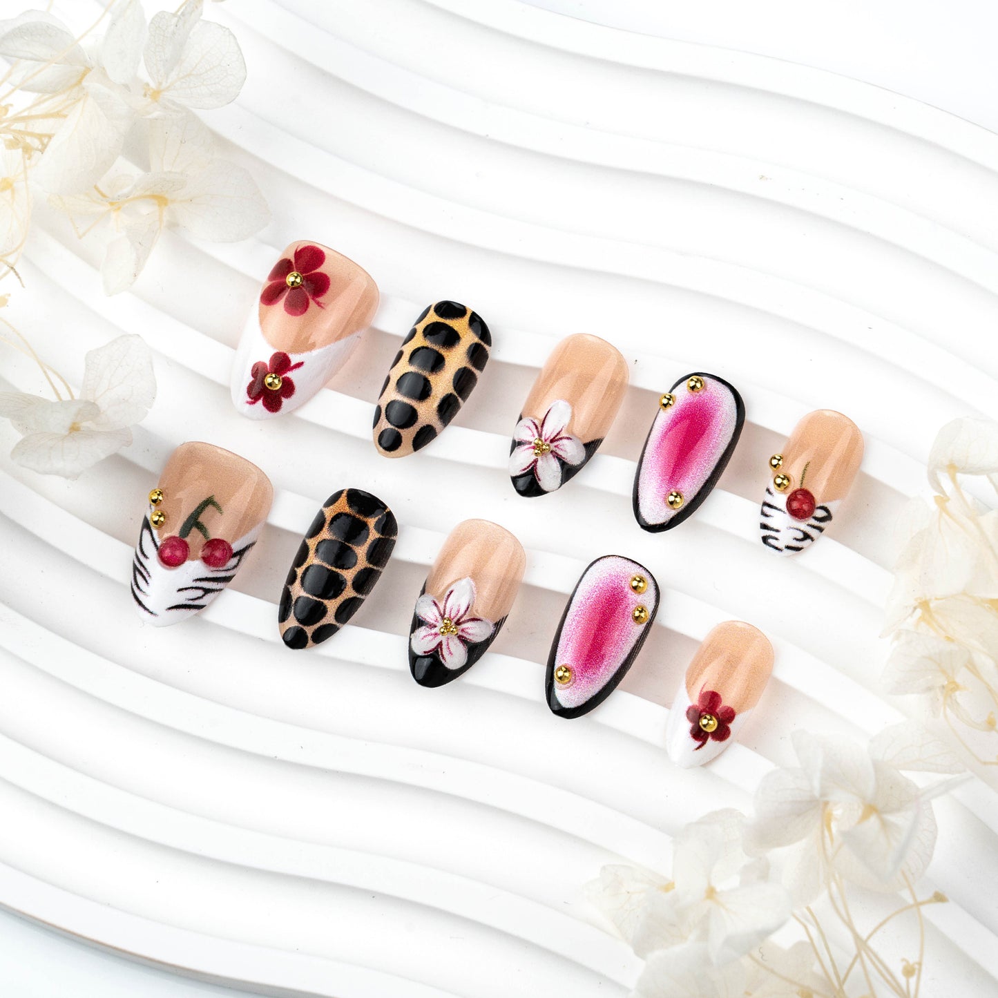 Elegant Floral Adventure Medium Almond Colorful Accented Press on Nail Set
