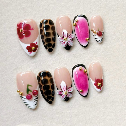 Tropical Blossom Medium Stiletto Pink and Black Floral Press on Nail Set with Gold Accents