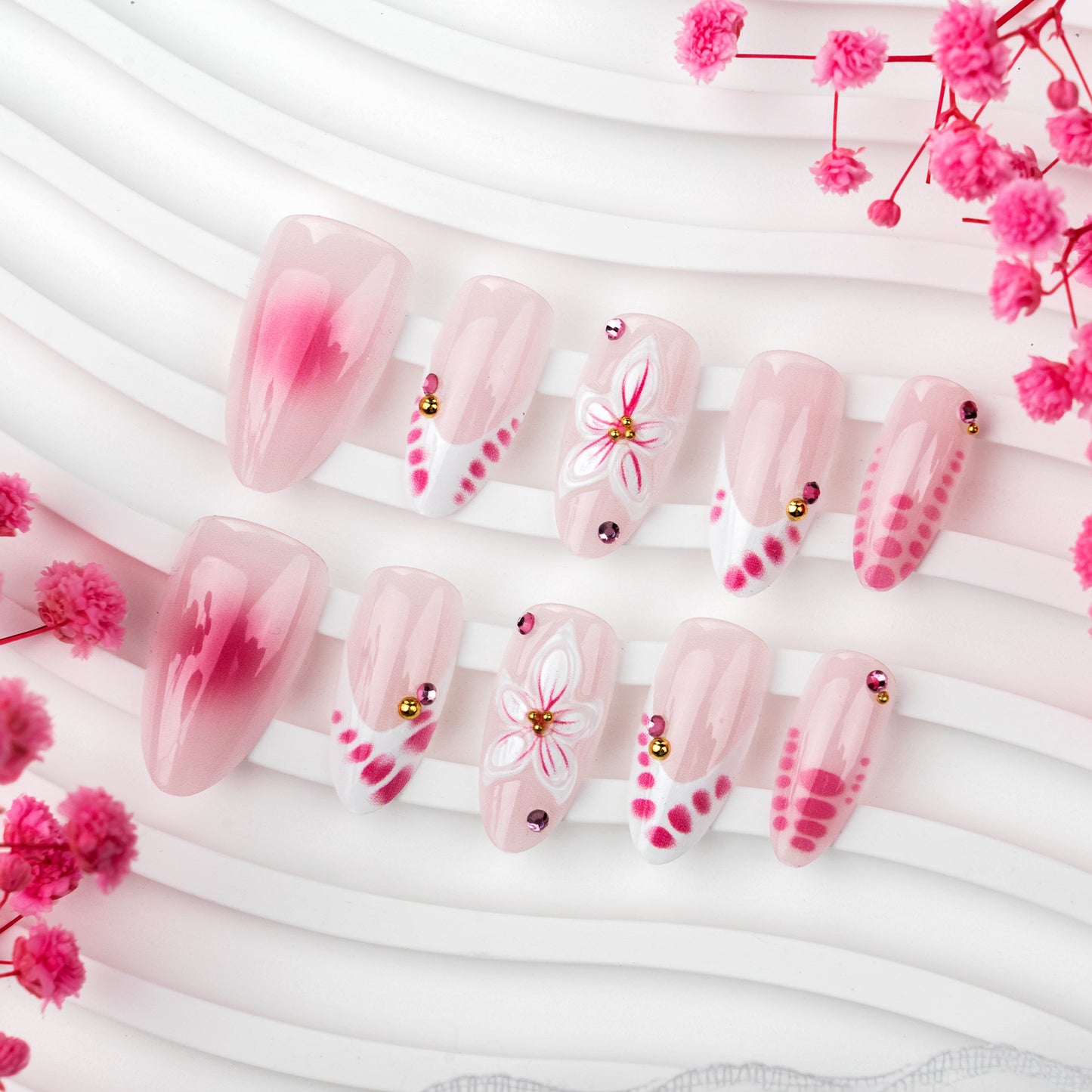 Blossoming Elegance Medium Almond Pink Floral Nail Set with Gem Accents